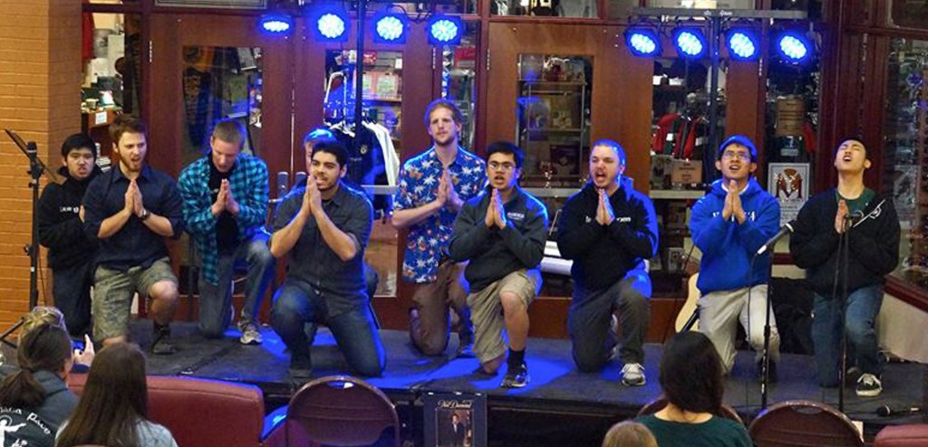 Members of the PDP performing in the lip singing battle at the coffee house put on by Carae Domini. Photo by Liz Bunnell